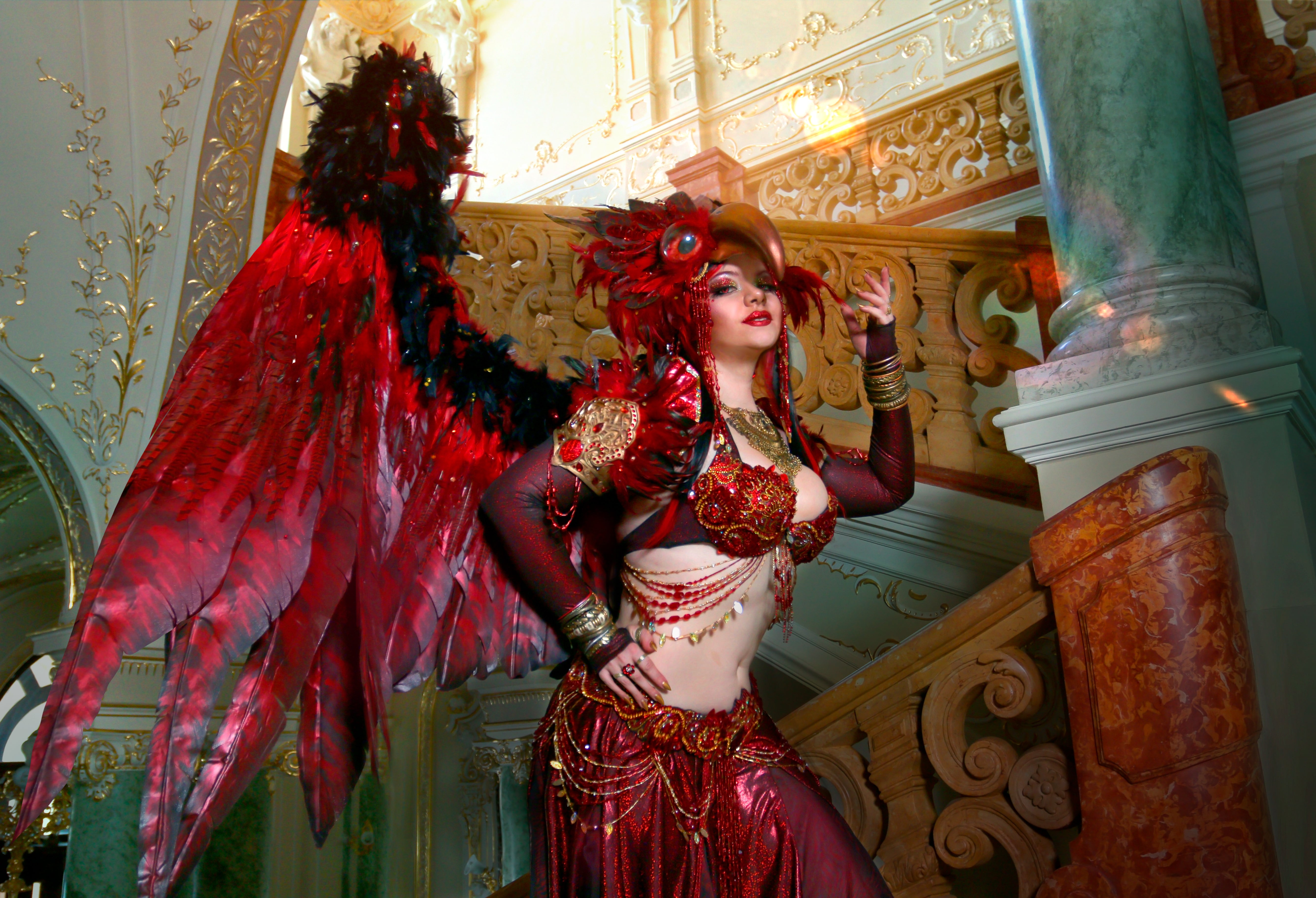 Red Burlesque Fantasy Halloween Bird Upcycle Costume - In Stock